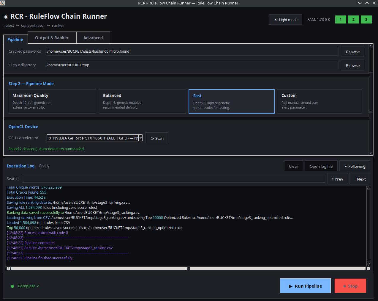 RuleFlow Pipeline GUI showing input file selection, custom mode, OpenCL device picker, legacy ranker toggle, and a coloured output log pipeline completion